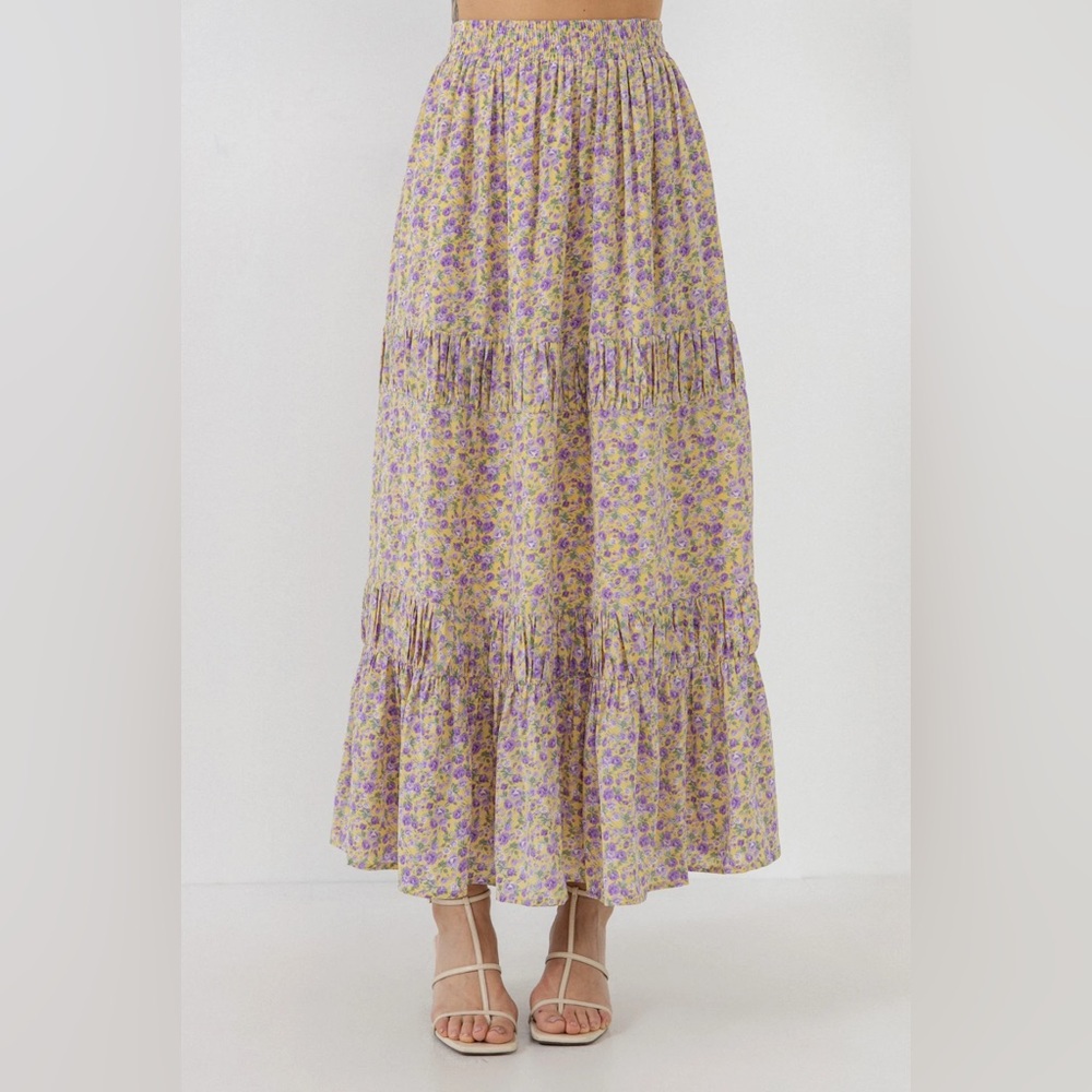Floral Shirring Long Skirt in Purple and Yellow NWT